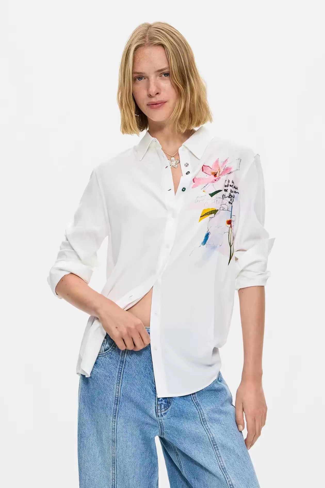Spanish original European and American style hand-painted printed embroidered long sleeved loose women's shirt