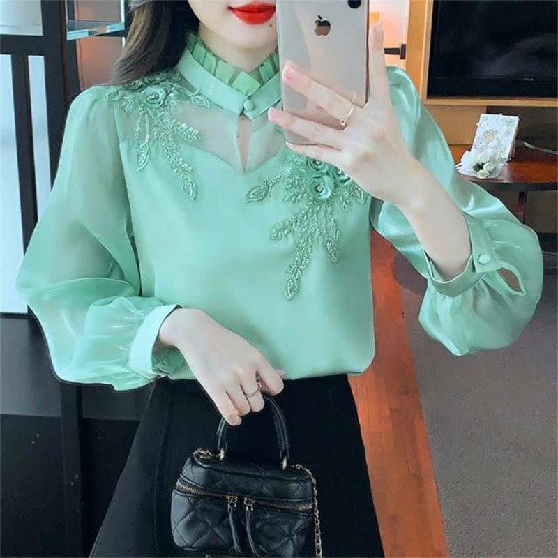 Women Satin Vintage Embroidery Elegant Blouses Spring Autumn Fashion Stand Collar Sexy Hollow Shirts Green Long Sleeve Chic Tops