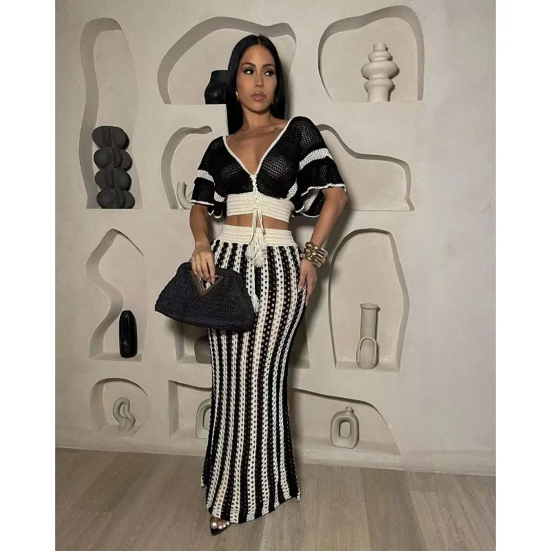 Elegant Knitted Women 2 Piece Set Hollow Out Lace Up Crop Top Long Maxi Skirts Matching Set 2024 Summer Holiday Beach Outfits