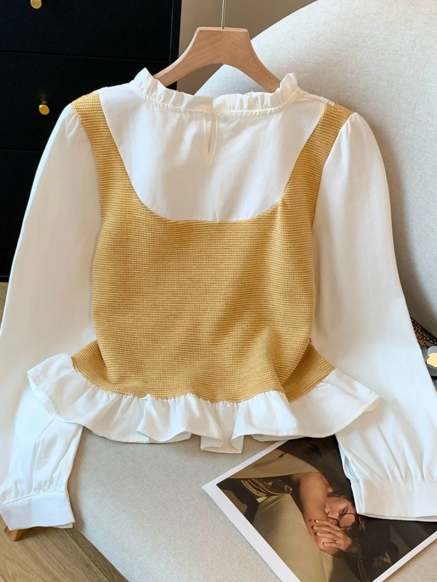 Long Sve irt ort Sle pour femmes, Design asymétrique, couleur, ourlet à volants, coupe coréenne, détail de boutons