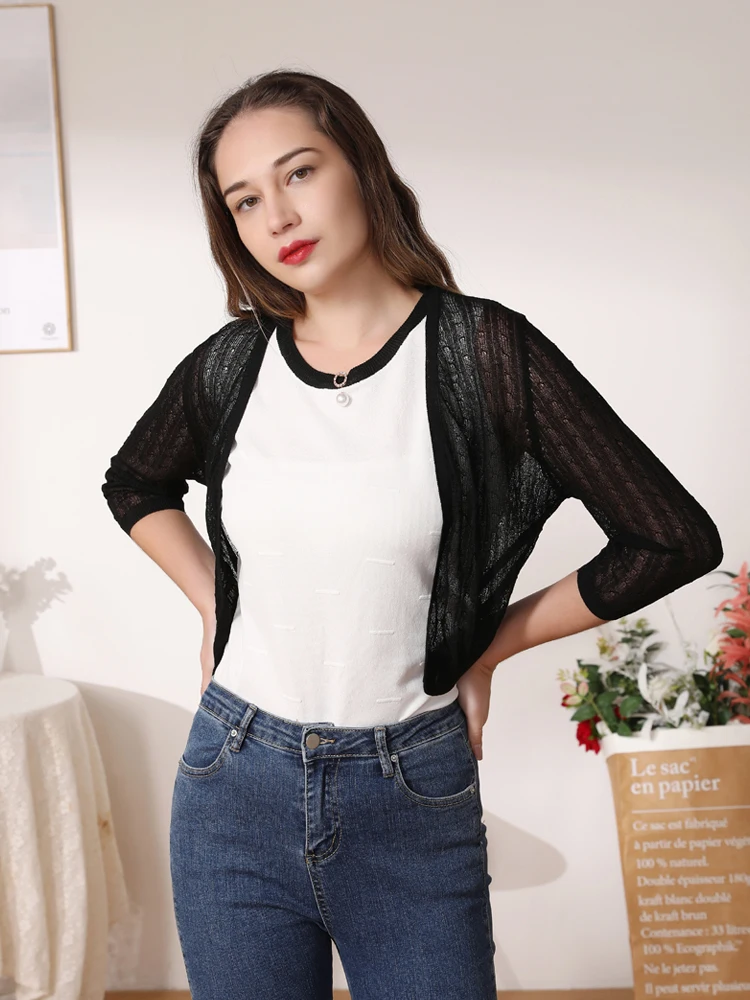 Knitted Ladies Sweaters Summer Cardigan Women Tops Cropped Knitwear Outerwear Cute Crochet Top Black Sweater Long Sleeve V-neck 5