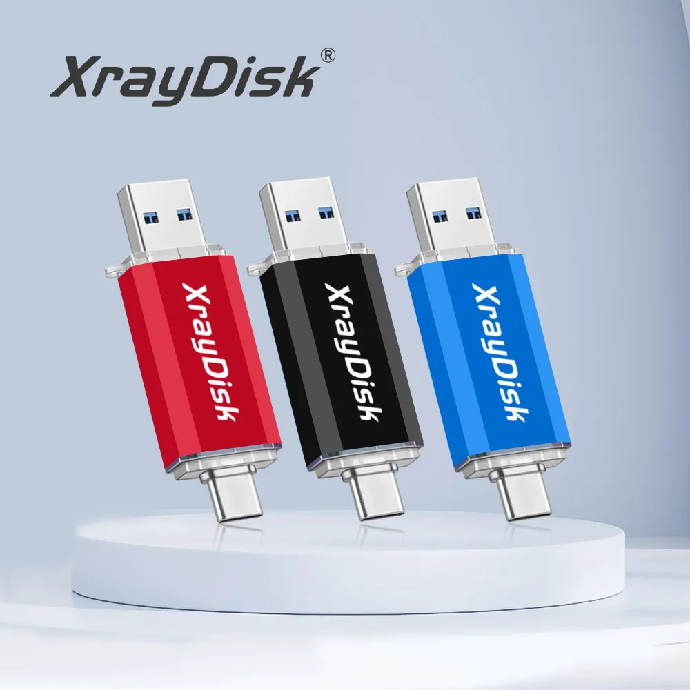 Xraydisk Usb C نوع C فلاش حملة 32 جيجابايت 64 جيجابايت 128 جيجابايت 256 جيجابايت 2 في 1 Otg USB 3.0 محرك أقراص على شكل إبهام ذاكرة عصا مع بيانات التخزين الخارجية