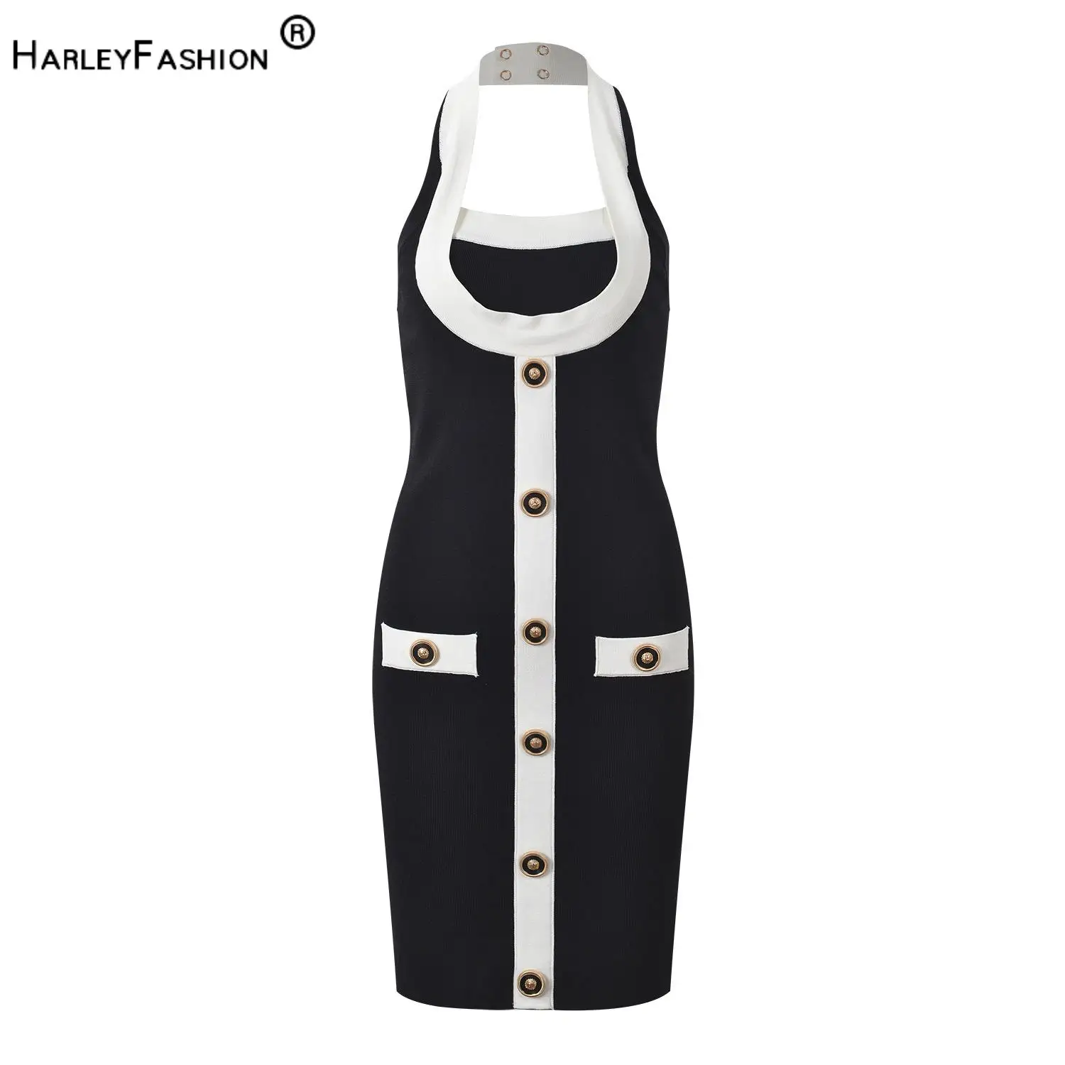 Летнее новейшее женское дизайнерское повседневное платье без рукавов с цветными блоками, женское однобортное короткое мини-вязаное облегающее платье