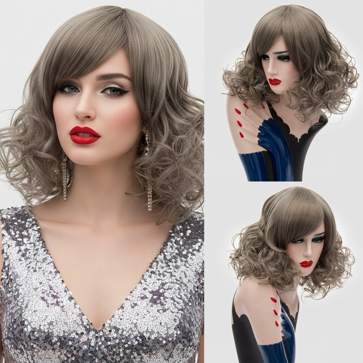 Gray Brown Short Curly Wig for Women Synthetic Wig With Side Bangs Heat Resistant Hair Wig for Daily Party Cosplay