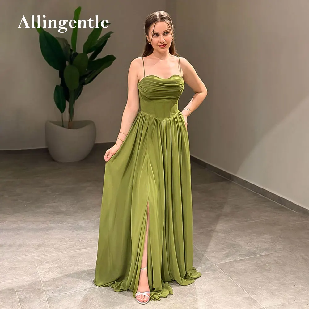 

Elegant Green Spaghetti Straps Evening Dress Backless Side Slit Chiffon A-Line Prom Dresses Long Bridesmaid Gowns Customized