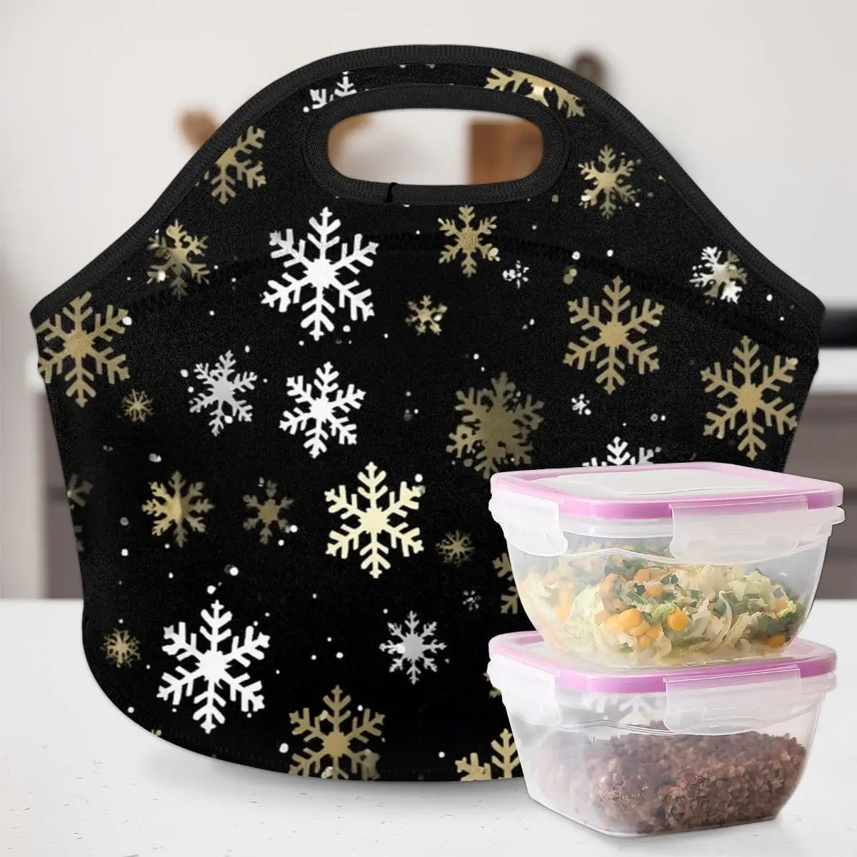 

Cute Christmas Snowflake Neoprene Insulated Lunch Tote Bag for Women Washable Reusable Lunch Container Box Lightweight