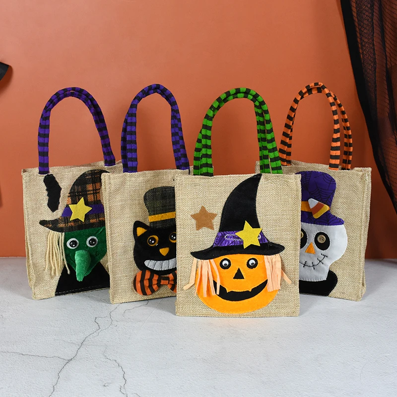 

1pc Halloween Linen Tote Bag, Cartoon Pumpkin Black Cat Witch Skeleton Halloween Party Decoration Props Gift Bag Trick Or Treat