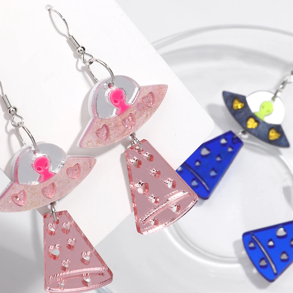 New Mirrored UFO Alien Acrylic Earrings for Women Glitter Pink Rocket Spaceship Long Drop Earring Creative Jewelry Birthday Gift