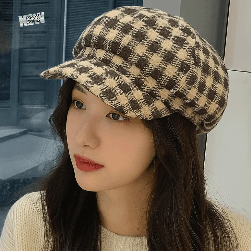 

Simple Korean Style Plaid Beret Hat Small Fragrant Style Keep Warm Women Painter Hat Lattice Women Octagonal Cap All-match