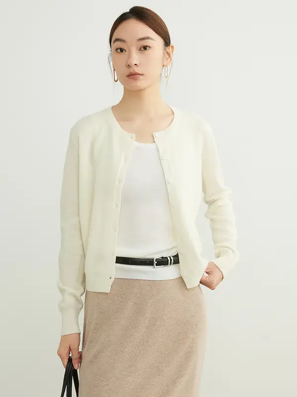 SuyaDream, Cardigans For Woman, 100%Merino Wool, Round Collar, Solid Plain Sweaters, 2024 Fall Winter Jackets, Beige, Black - Image 5
