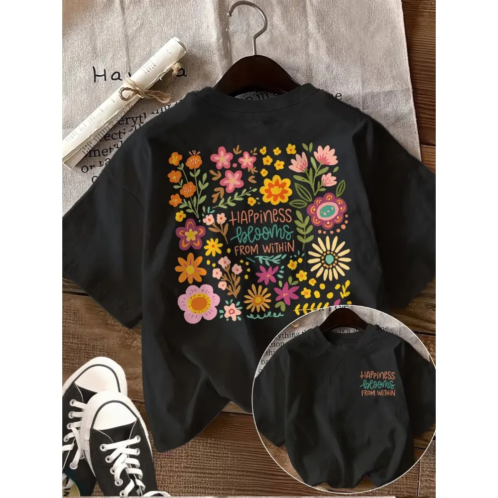 Boho Wildflower Happiness Blooms From Within T-Shirt Aesthetic Inspirational Graphic Tee Summer Short Sleeve Streetwear T-Shirt