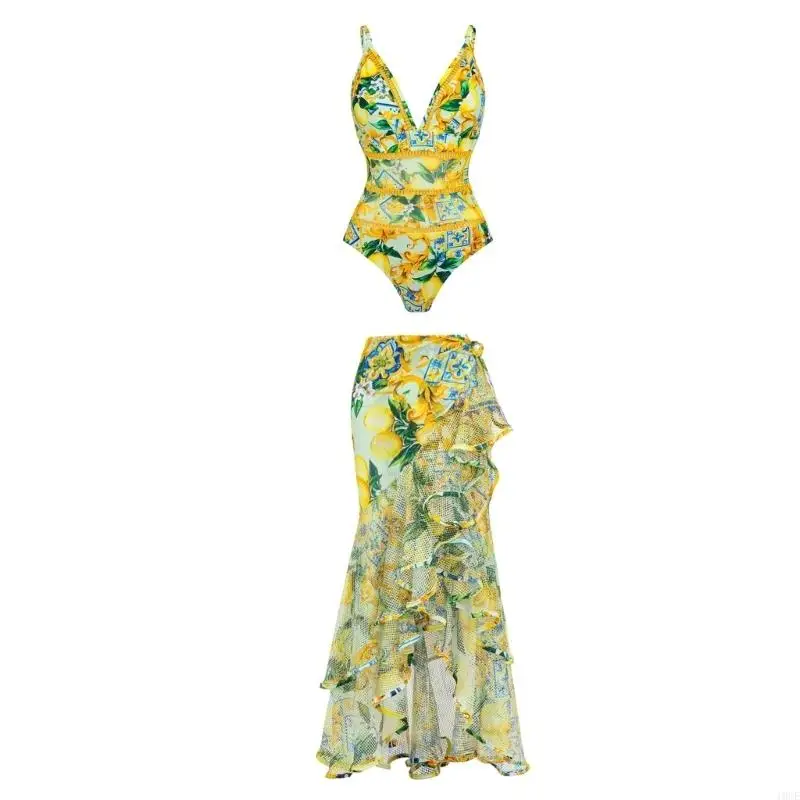 Women 1 Pieces Swimsuit Ladies Flower Print Swimwear with Cover Up Trend Tummys Control Bathing Suit for Beachwear