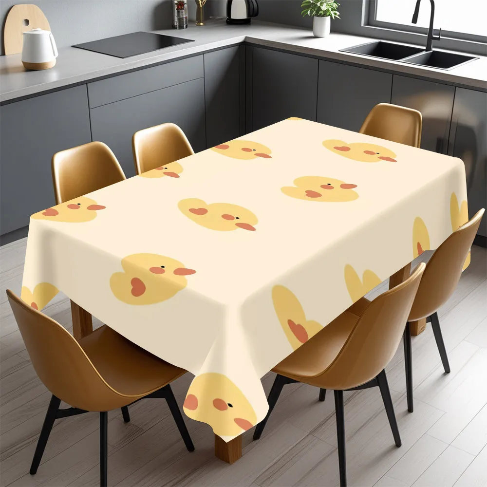 Cute Yellow Duck Tablecloth, Cream Base With Cartoon Duck Head Print, Rectangular Table Cover for Kids Birthday Party Decor