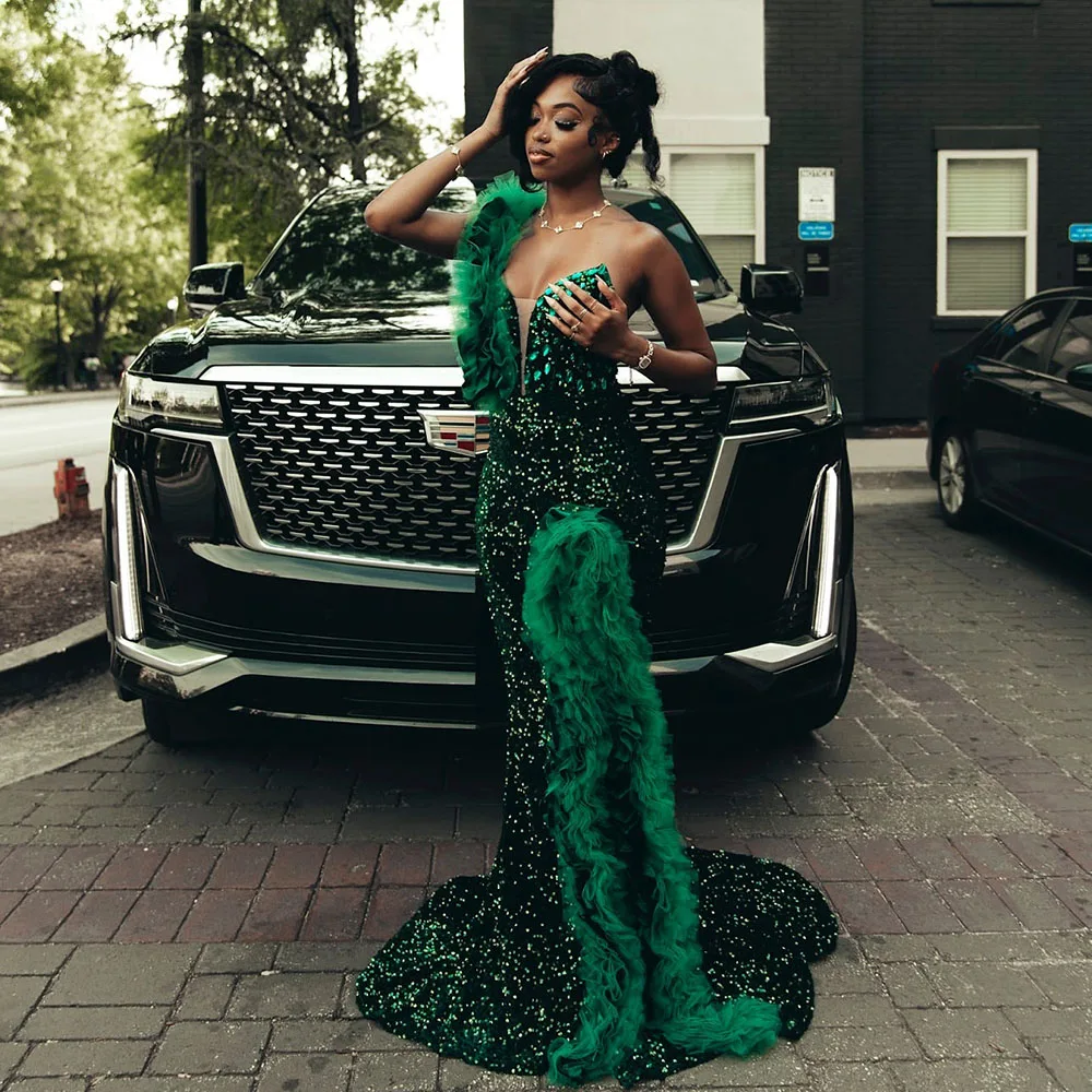 

Sparkly Dark Green Long Prom Dress For Black Girls 2025 Crystals Sequins Party Gown With Ruffles Birthday Outfit Customized