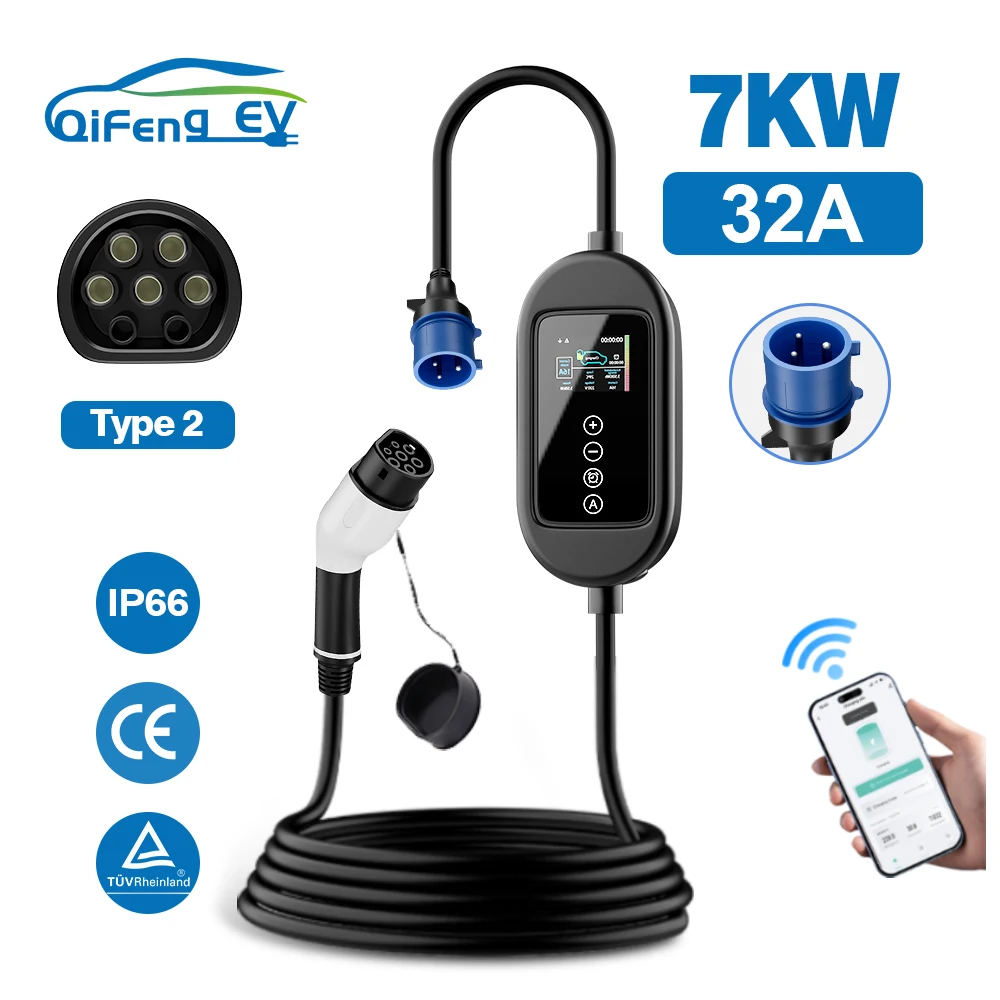 

QiFeng EV Charger Type2 32A 7KW 1Phase Electric Car Vehicle Charging Station for Electric Car 10M Cable Fast Charger WiFi BT APP