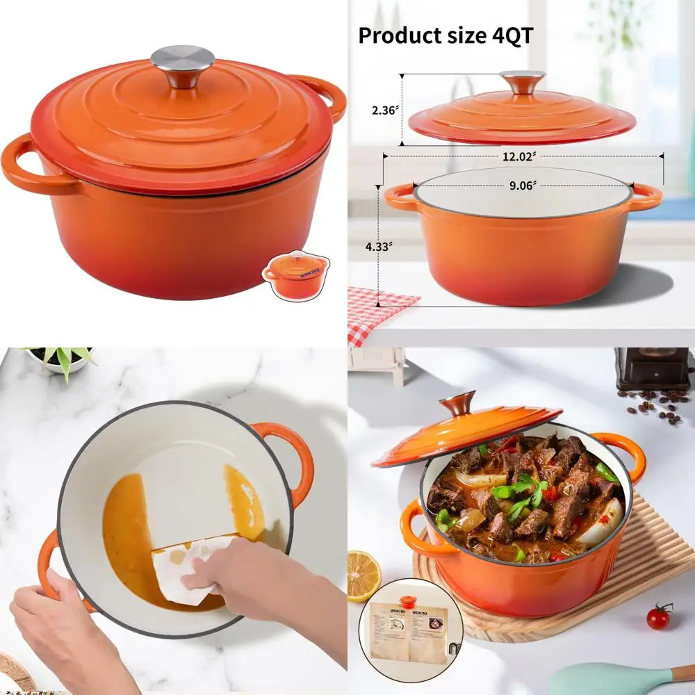 

Heavy-Duty 4-Quart Orange Enamel Cast Iron Dutch Oven Pot with Lid for Bread Baking, Braising, Stews, Roasting and More