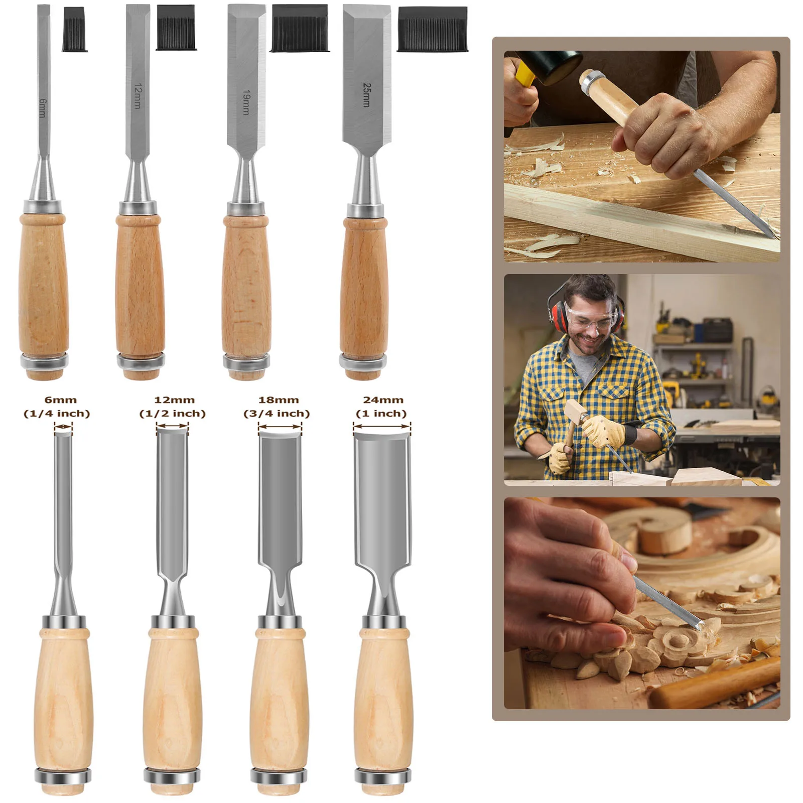 4 قطعة أداة إزميل الخشب مجموعات النجارة نحت إزميل عدة مع علبة خشبية قسط لسكين نحت الخشب نجار