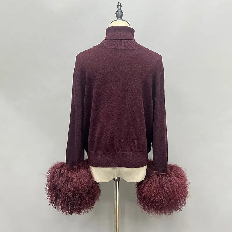 Women's Winter Sweater with Mongolian sheep Fur Cuff Lady Fashion High Collar Soft Warm