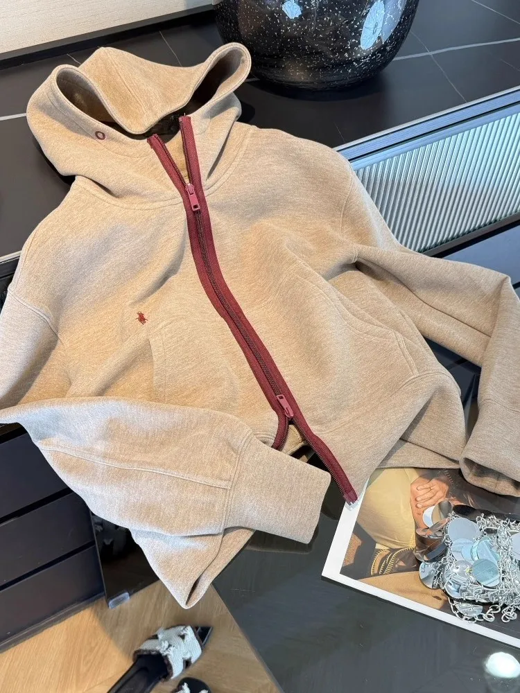 

American Sle Spliced Color Blo Hooded Zipper Jaet Women's Casual Loose Fit Long Sve Top for Autumn Lazy Sle