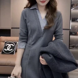 High Quality Fake Two-piece Dress for Women's Autumn New Style Temperament Lapel Stripe Splicing Slim Fit and Slimming Dress