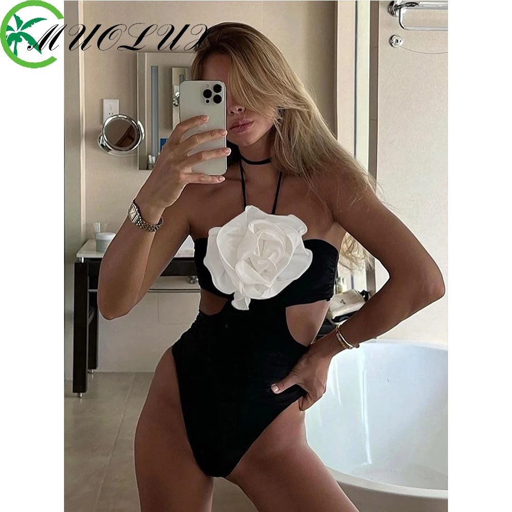 

MUOLUX 2024 3D Flower Swimwear Solid Bikini Women Swimsuit Pleated Design Halter Sexy Monokini Beachwear Bathing Suit Bikini Set