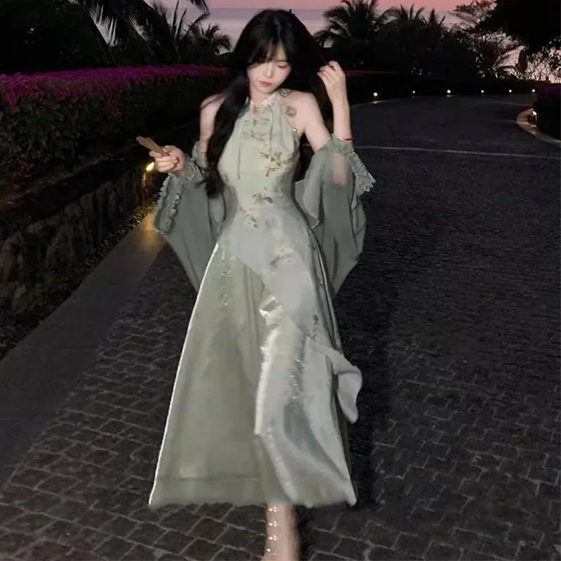 2025 الصيف الخصر المجهزة خمر الوقوف طوق بلا أكمام المرأة تنورة Greenhalter الرقبة تحسين فستان صيني 2025 جديد hanfu #3