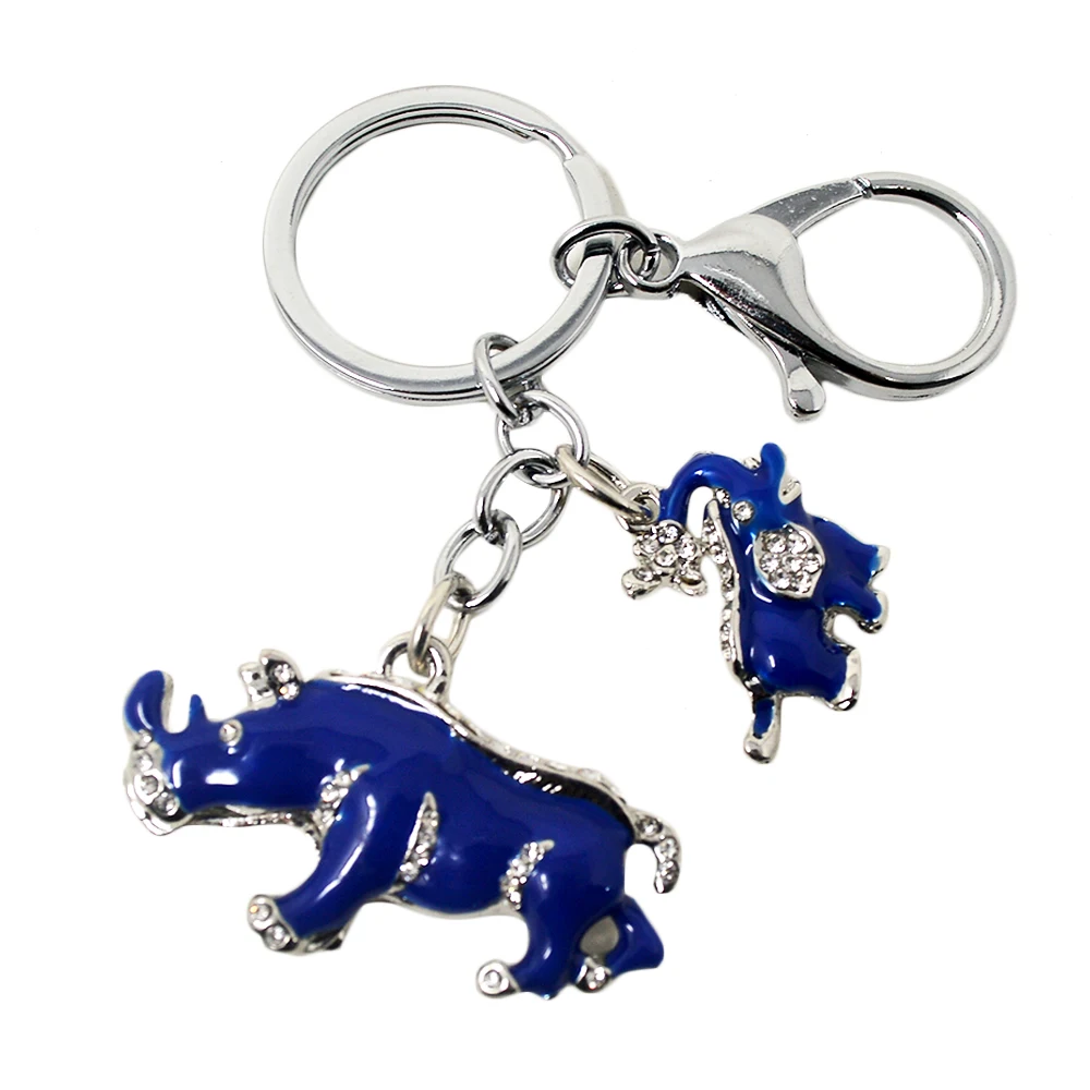 New Arrival Alloy Rhinestone Keychain Blue  Elephant Rhinoceros Protection Key Chains W1041