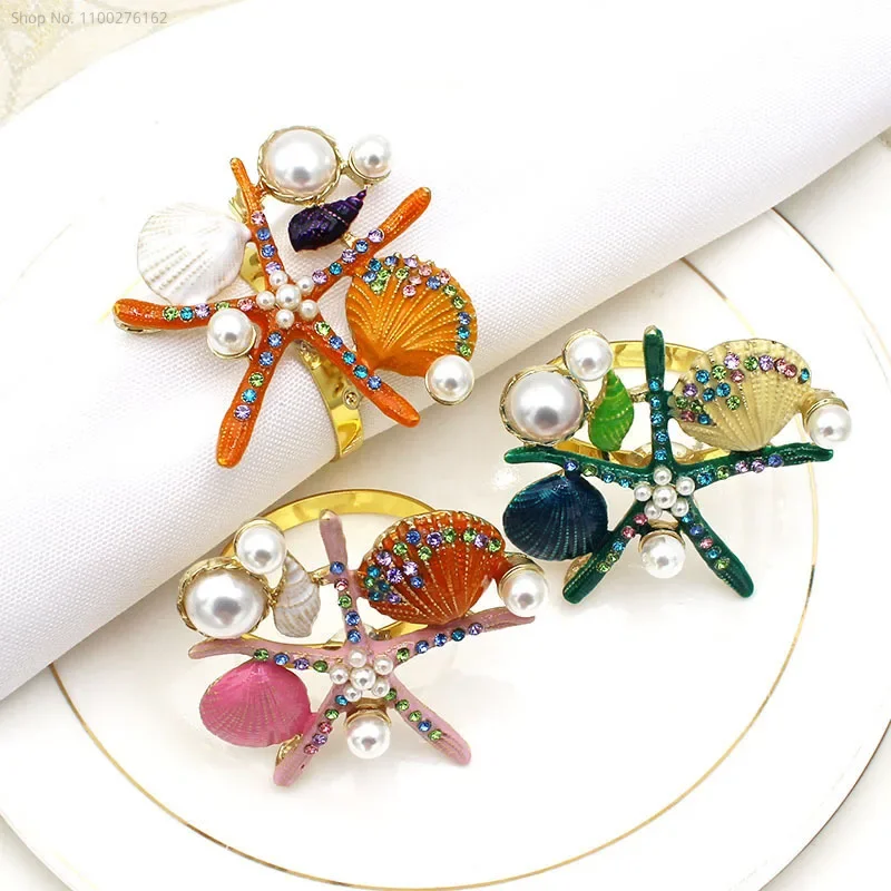 12pcs Hotel Starfish Sea Star Napkin Buckle Shell Diamond Napkin Ring Alloy for Tables Wedding Birthday Banquet Christmas