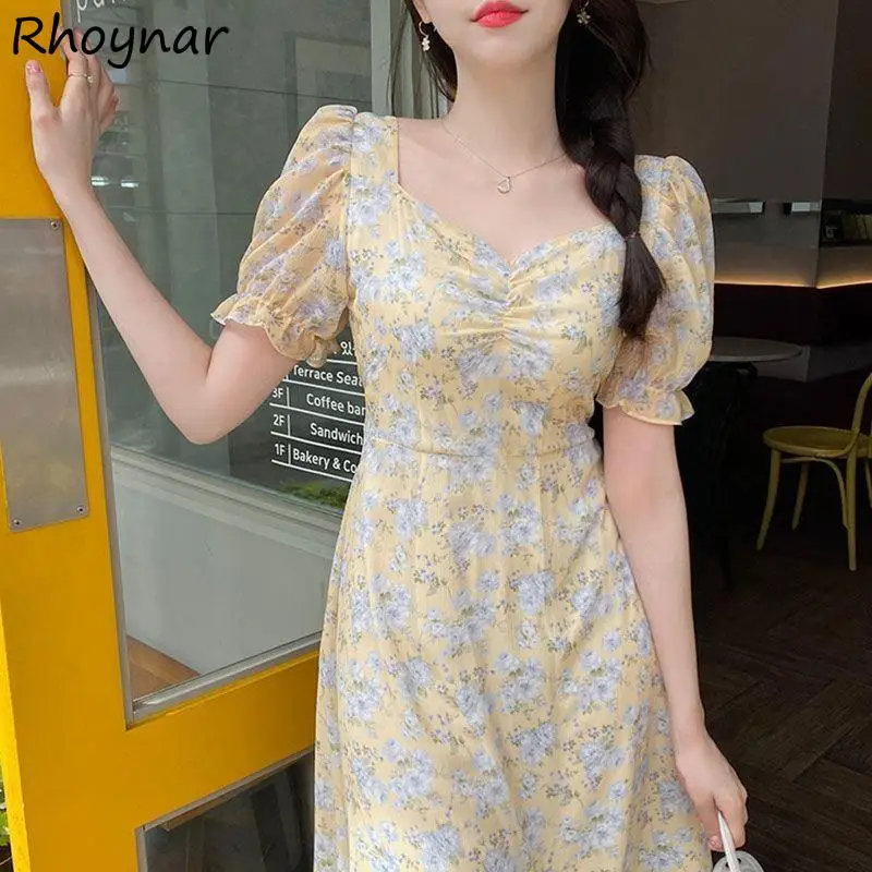 

Dress Women Tender Yellow Floral Chiffon Vestidos High Waist Slim Elegant Square Collar Sweet Bow Tunic Mid-calf Summer Vintage