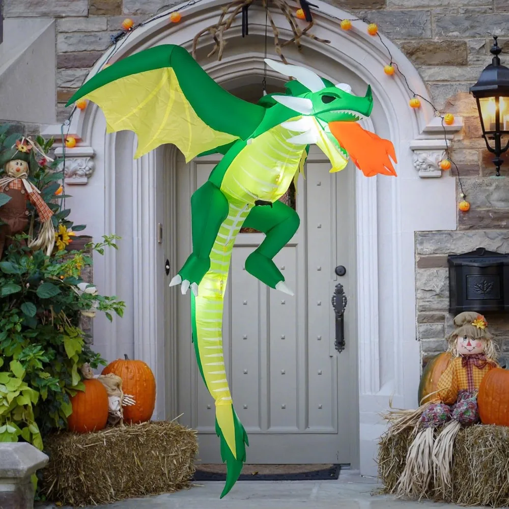 5.2 FT Hanging Halloween Inflatable Decoration, Blow-up Flying Fire-Breathing Dragon with Huge Wings & Built-in LED Lights