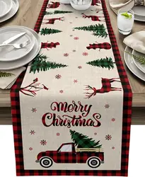 Christmas Buffalo Plaid Truck Holly Tree Linen Table Runners Holiday Party Decorations Durable Kitchen Dining Table Runners