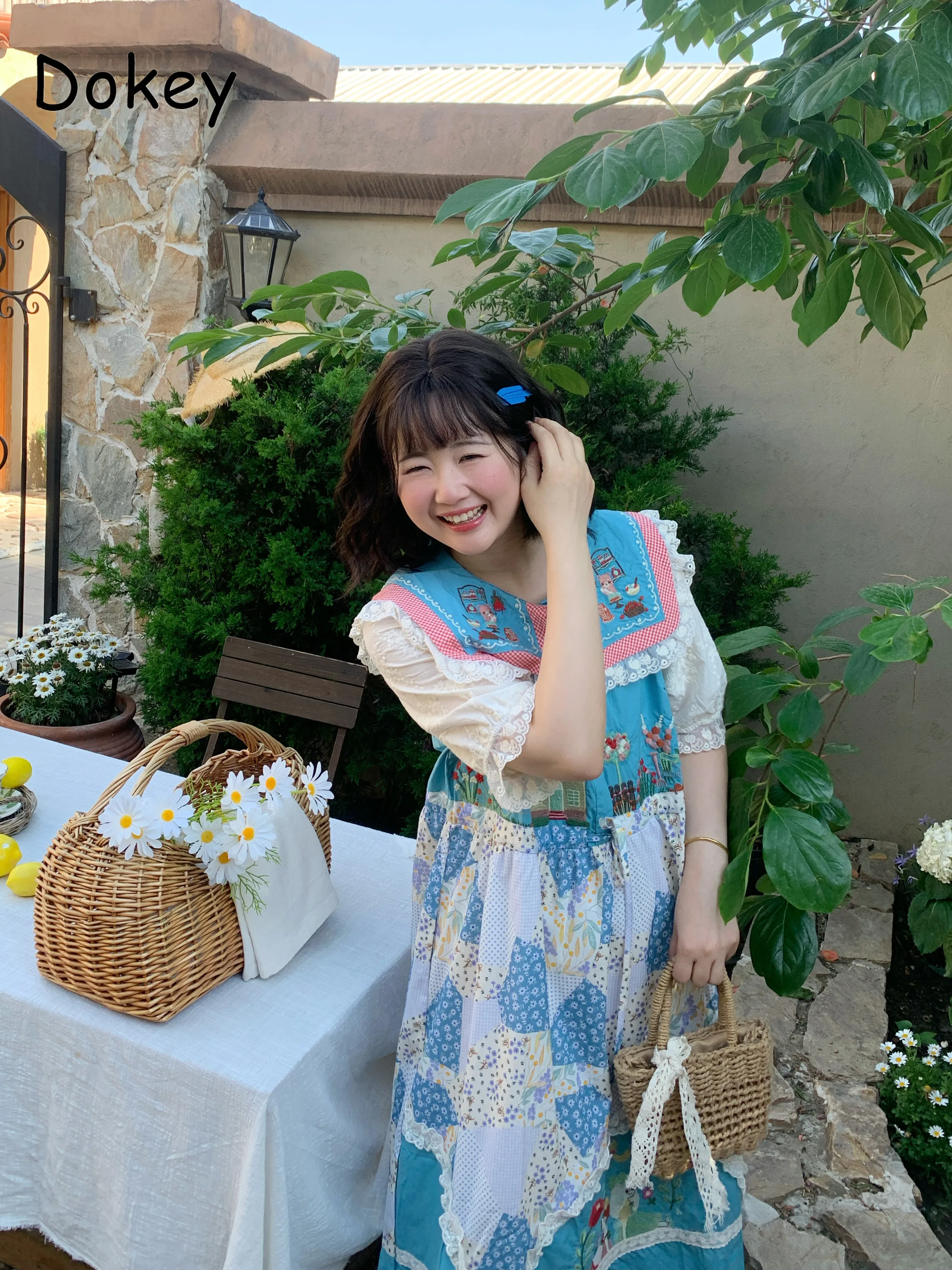 Vintage Blue Patchwork Drawstring Kawaii Midi Dress Women Japanese Mori Girl Doll Collar Puff Sleeve Casual Cotton Linen Dress