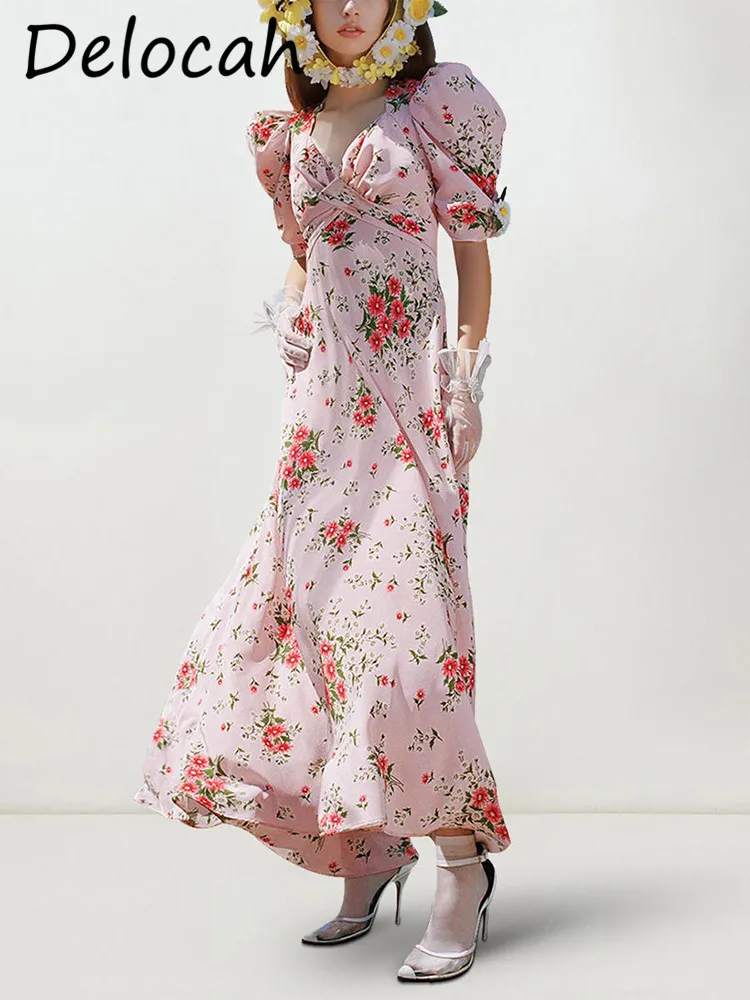 

Delocah French Summer Pink Print Slim 2024 New Irregular Super Beautiful Satin Rich Family Daughter Long Dress