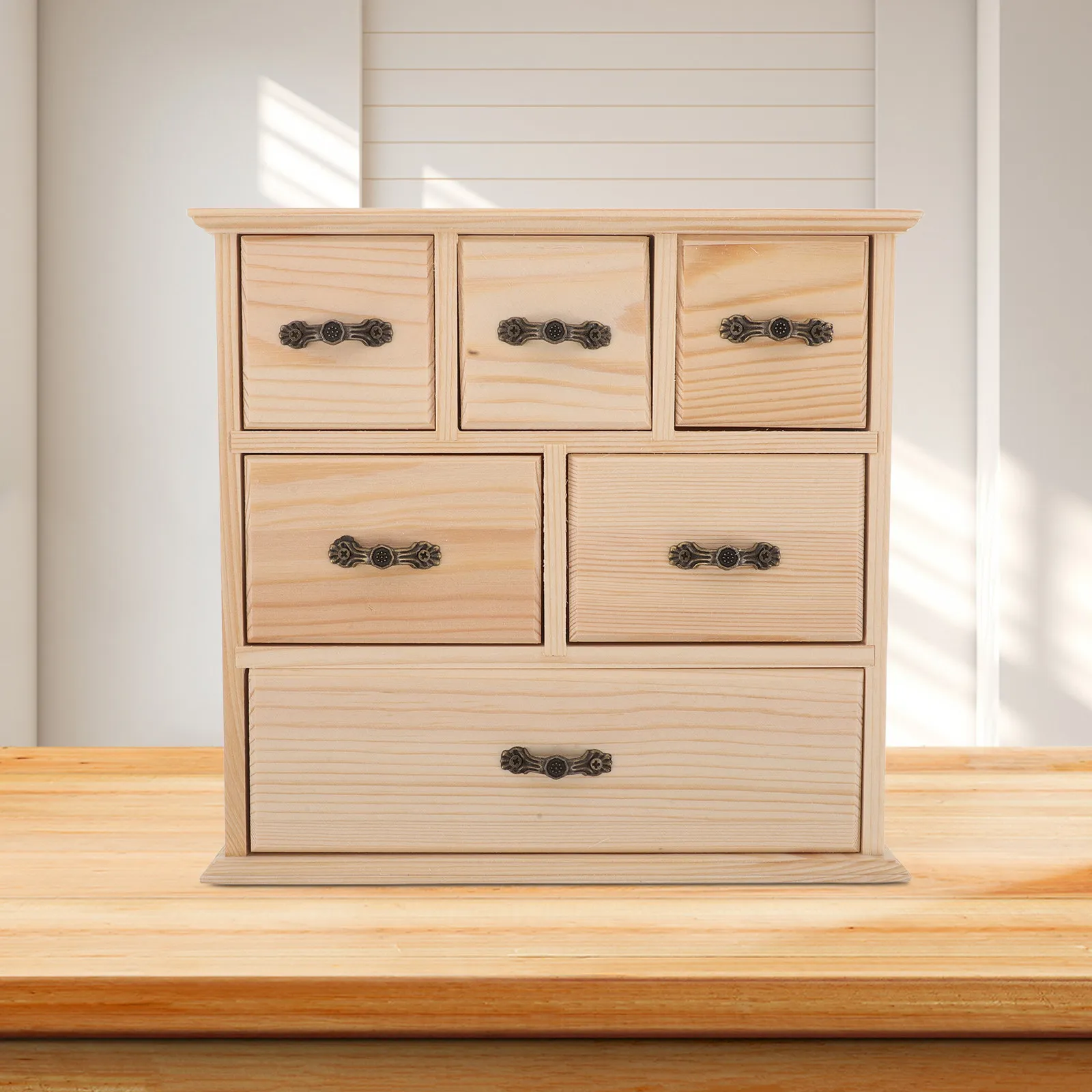 

Wooden Desktop Storage Organizer 6 Drawers Natural Solid Wood Mini Desk Storage Box Office Stationery Makeup File Supplies