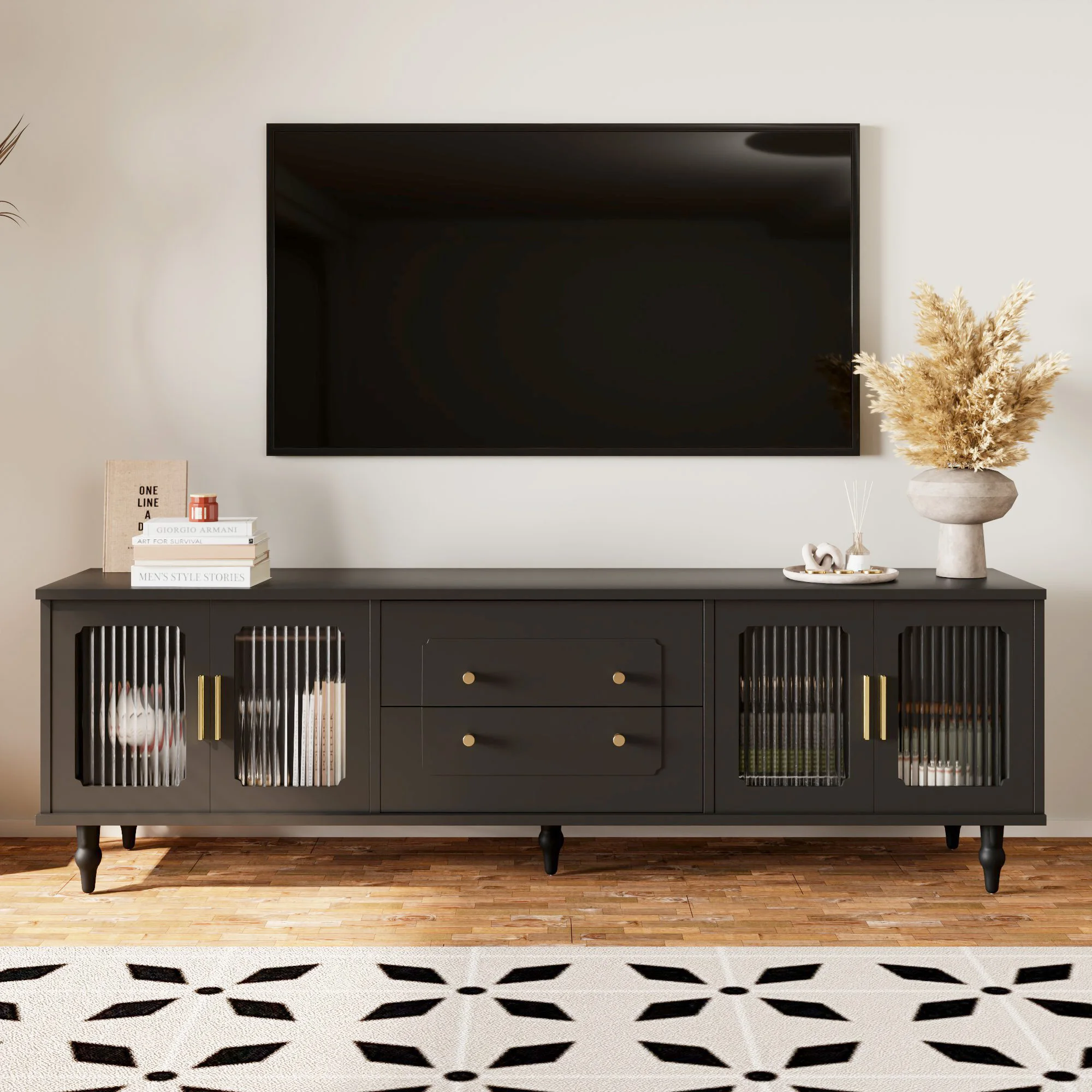 Lowboard, TV furniture in retro style: Golden handles, plenty of storage space. With glass door and legs made of solid wood