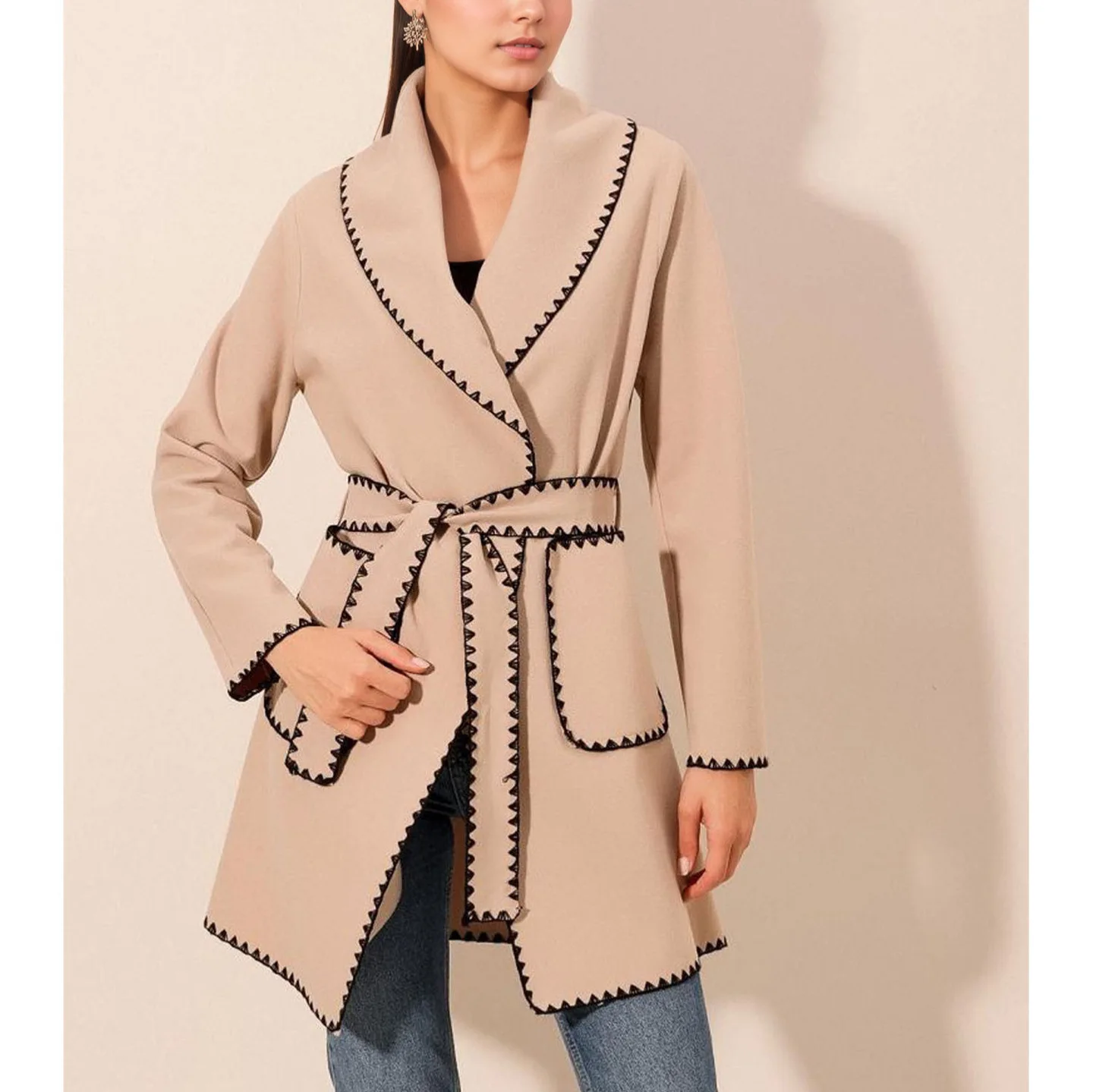 

2025 Warm Long Sleeve Large Lapel Women's Woolen Tie Autumn Winter Versatile Coat