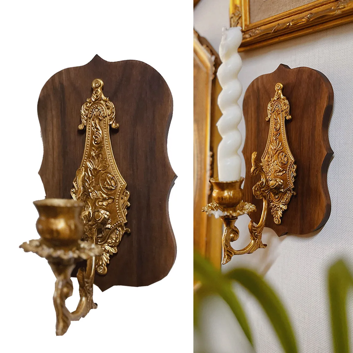 Original French Retro Country Literature Art Solid Wood Brass Walnut Candlestick Candle Retro Wall Decoration Soft Decoration