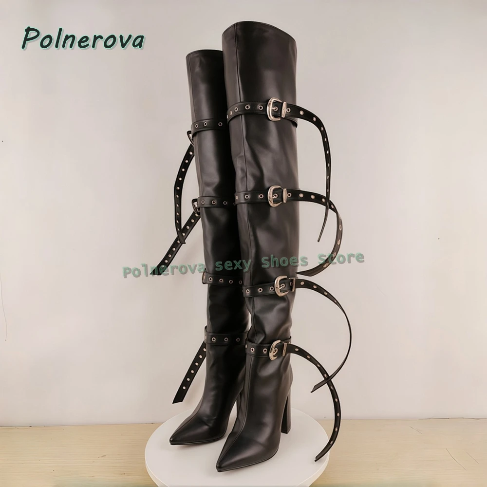 Women's Over The Knee Block Heel Boots Black Faux Leather Pointed Toe Multi Buckle Strap Sexy Club Party Fashion Catwalk Shoes