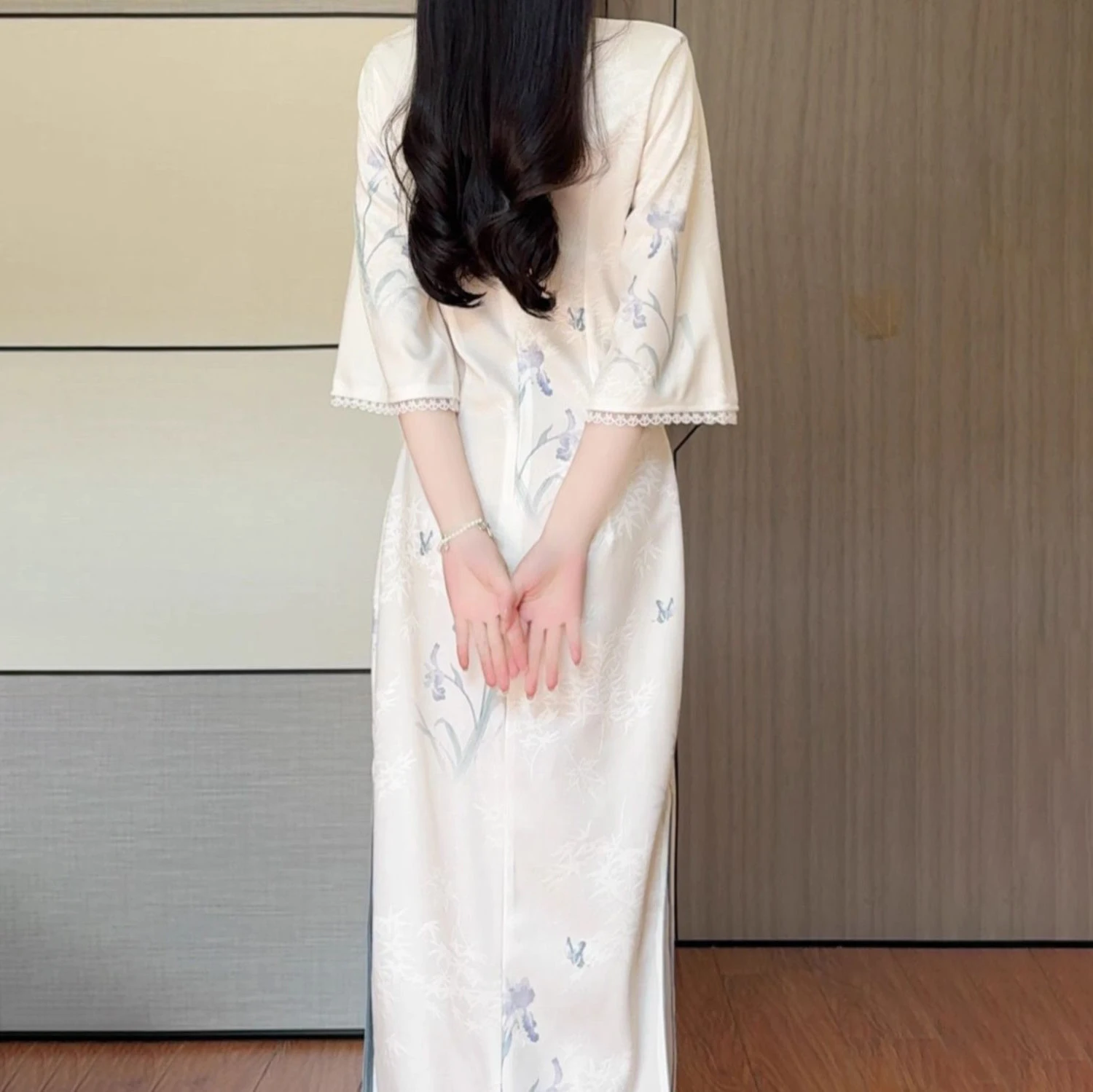 New Arrival Women Modern Cheongsam Dress Elegant Orchid Bamboo Print 3/4 Sleeve Lace Trim Traditional Chinese Qipao Party Dress