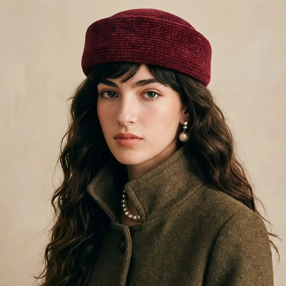 French Style Chenille Pillbox Hat Elegant Teardrop Beret Hat Air Hostess Dome Medicine Box Hat Airline Uniform