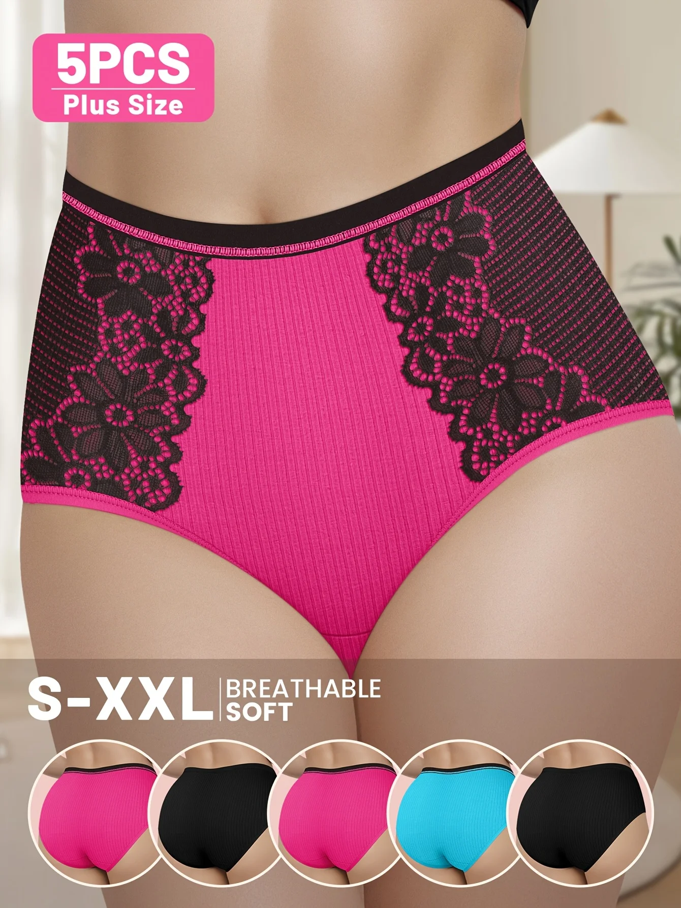 

5 Pack of Large Size Underwear, Enlarged and Fattened, High Waist Underwear, Mid-Waist Underwear, Threaded Stripess, Contrasti