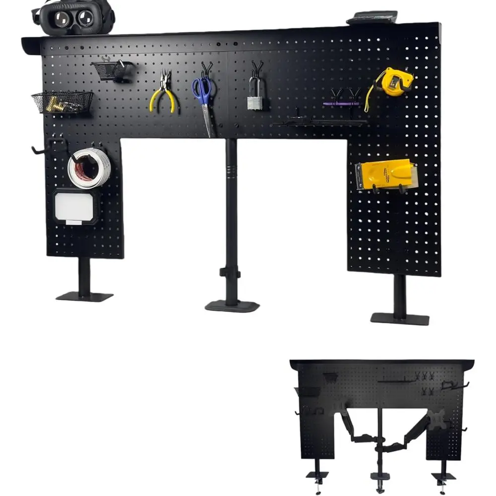 

Настольная перфорированная доска с 2 креплениями для монитора, регулируемыми кронштейнами с газовой пружиной, рабочая скамейка 47 x 31 дюйм, сверхмощная стальная подставка, перфорированный стол Sh
