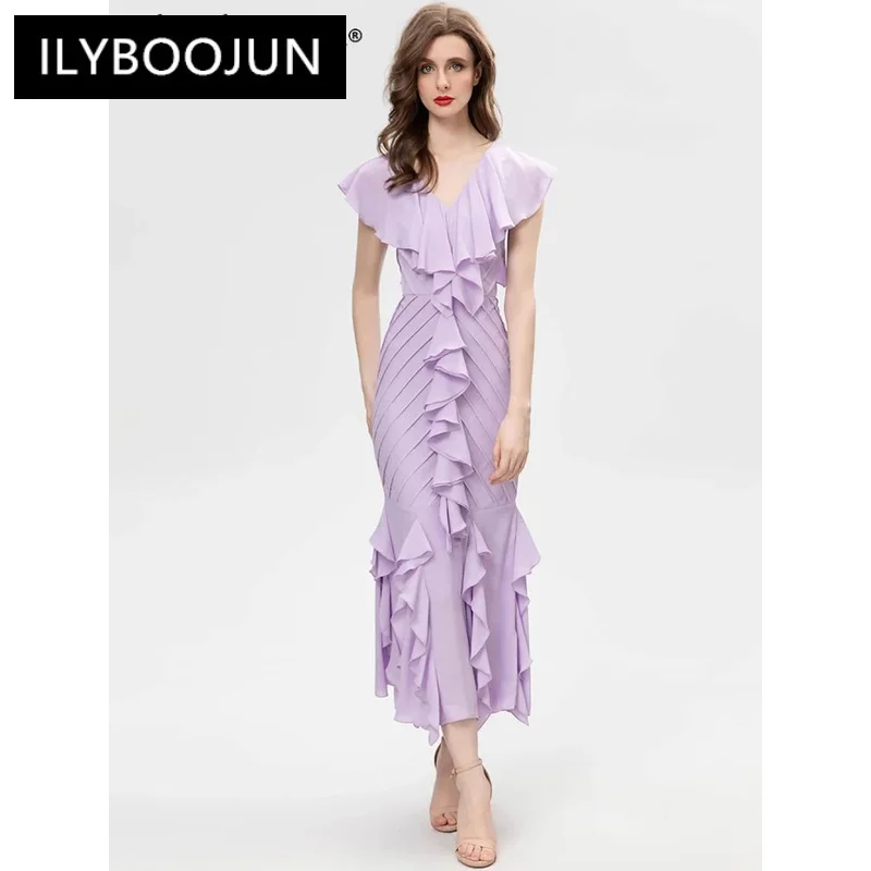 

ILYBOOJUN Fashion Designer Spring Mermaid Dress Women V-Neck Butterfly Sleeve Folds Ruffles HighWaiste Elegant Party Long Dress