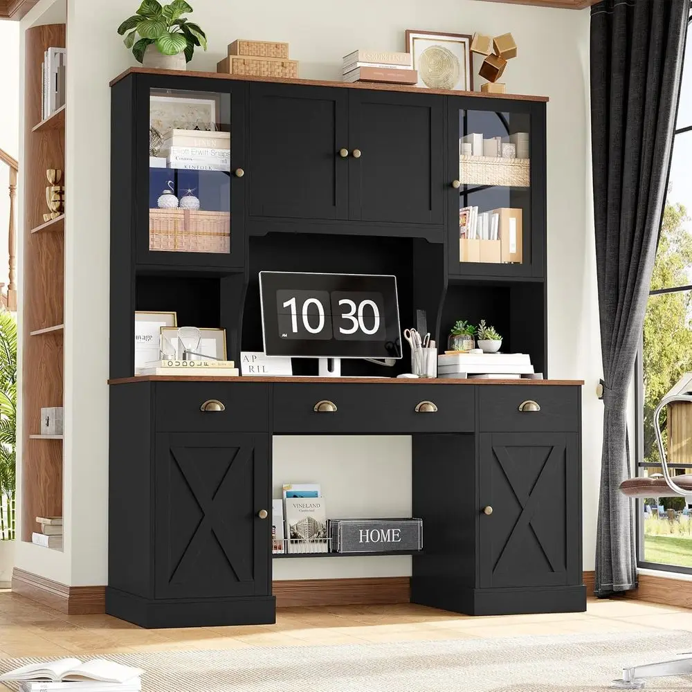 

75 Executive Desk with Hutch, Glass Door Computer Desk, 63 Wide L-Shaped Workstation for Home Office, Gaming, Writing, Black