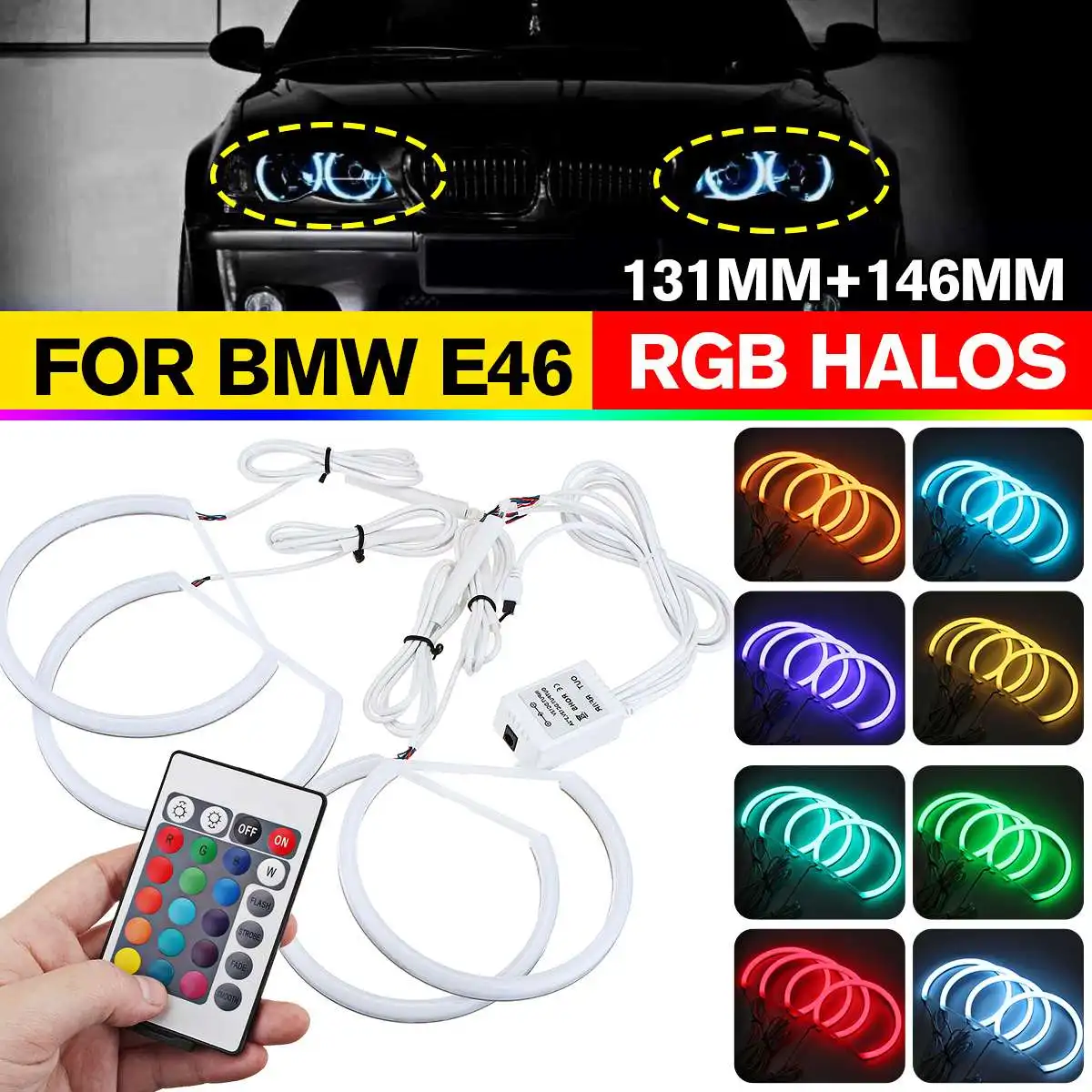 

for BMW E46 2*131mm and 2*146mm Cotton halo ring kit RGB Angel eyes Remote control A+B Non projector 4D 16colors flash