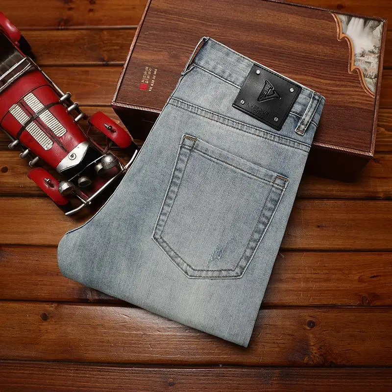 Trendy ripped jeans for men, fashionable print, elastic slim fit, small feet, rugged and handsome, summer thin long pants