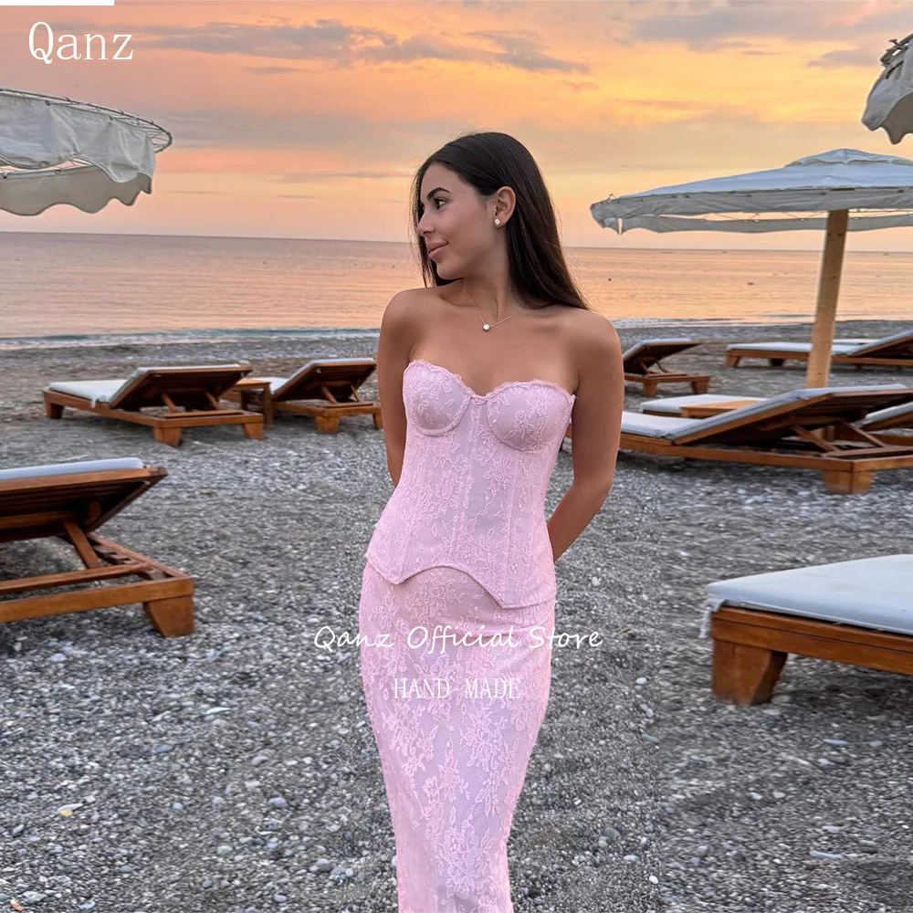 

Qanz Beach Розовые кружевные аппликации Вечерние платья Милая корсет сзади 2 шт. Роскошные платья русалки для вечеринок по индивидуальному заказу