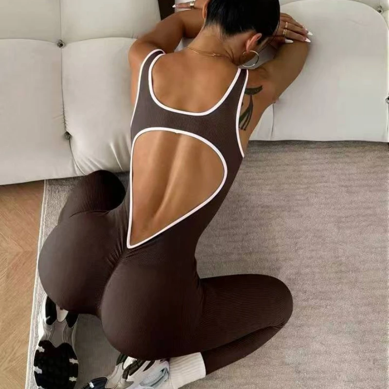 

Sleeveless Yoga Jumpsuits for Women V Back Bodysuit Workout Full Length Bodycon Scrunch Leggings Patchwork One Piece Romper