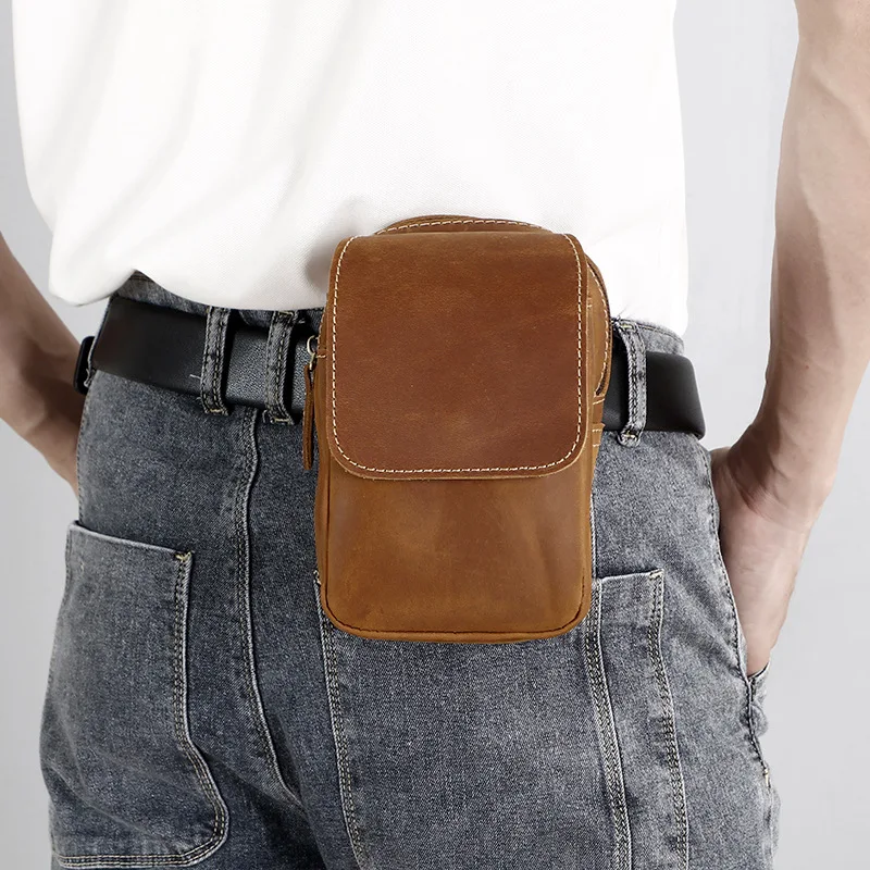 

Men retro leather waist bag crazy horse leather belt waist hanging cowhide mobile phone pocket double