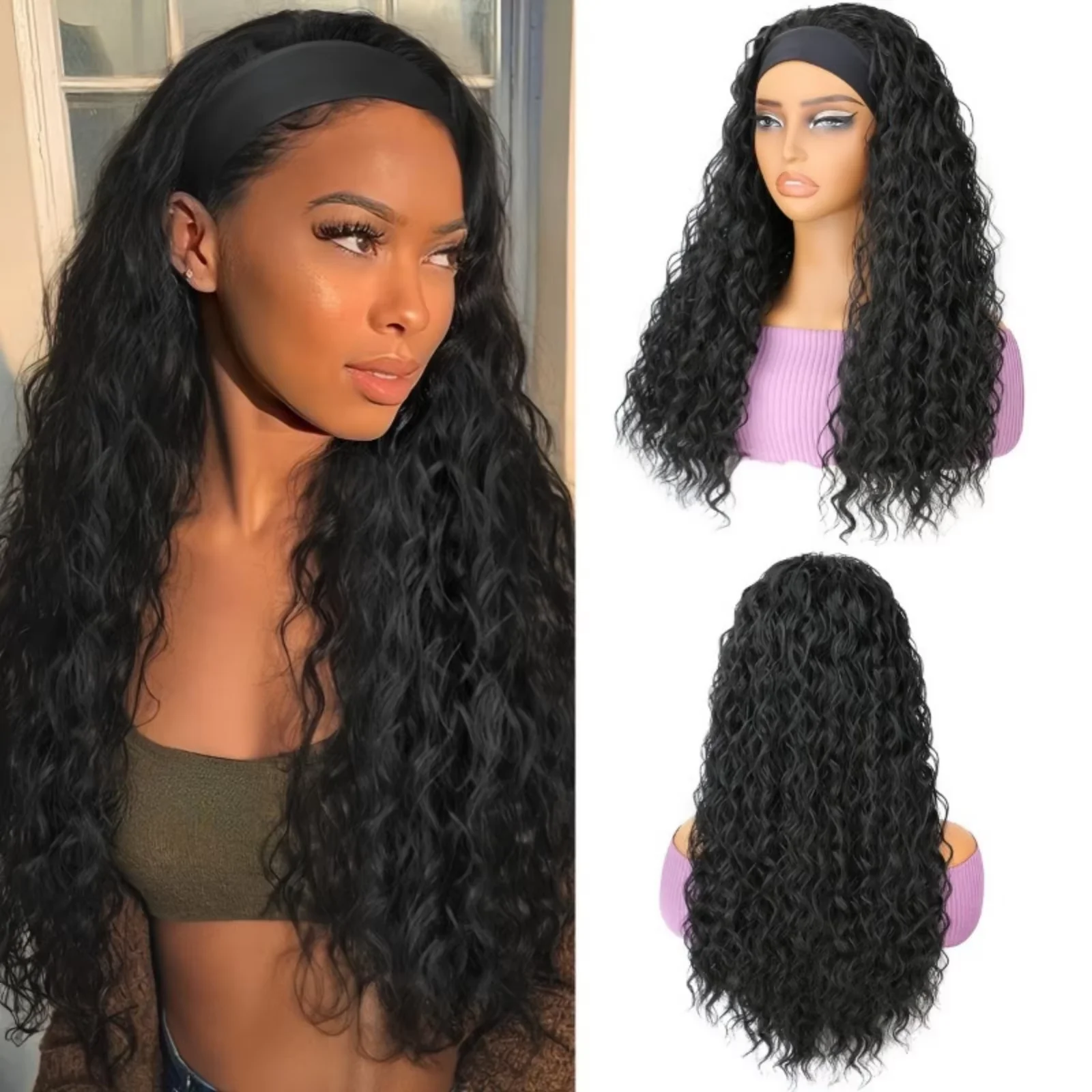 Tief gewellte Echthaar-Perücke, halb gelockt, mit Stirnband, Jerry-Locken, maschinell gewellte Haare, sofort tragbare Perücken für Frauen, Ausverkauf.